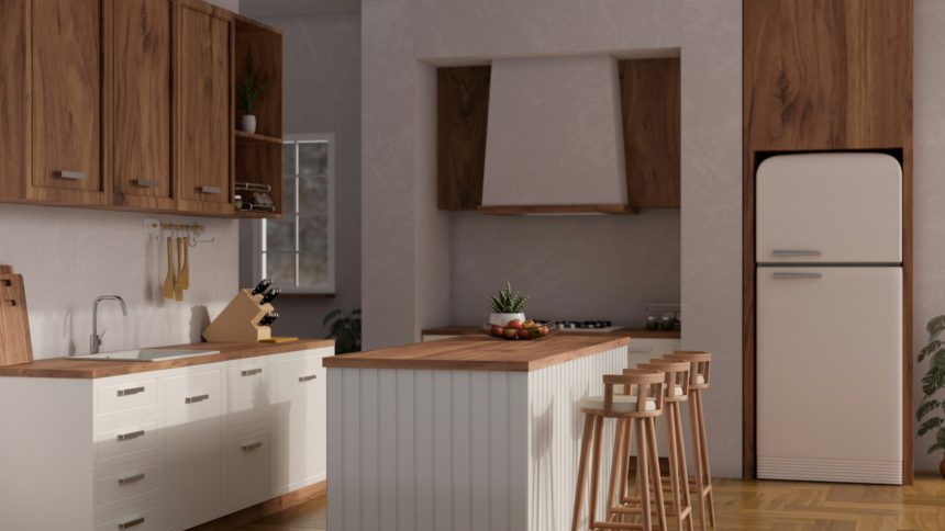 Side view of beautiful Scandinavian kitchen interior design with kitchen island, stools