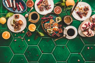 Turkish traditional lokum sweet delight with Turkish coffee, top view