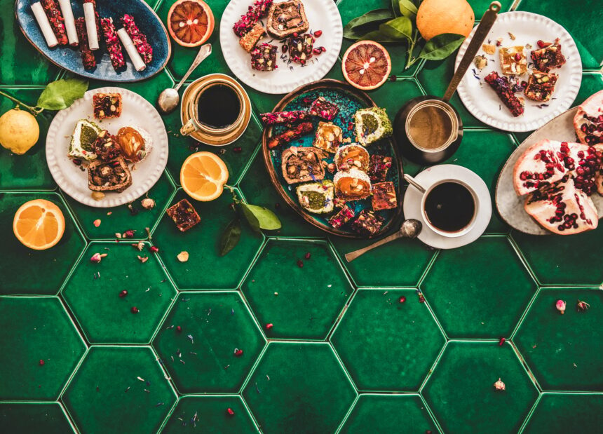 Turkish traditional lokum sweet delight with Turkish coffee, top view